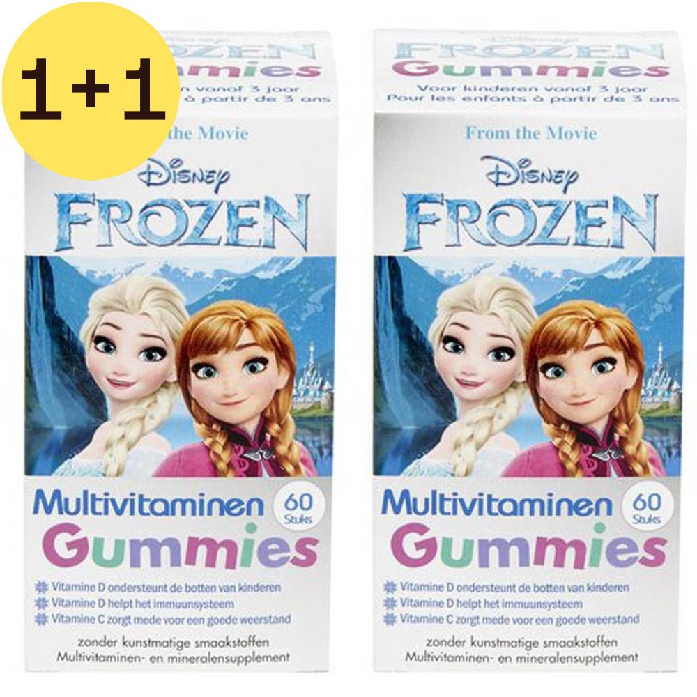 Deux boîtes de Disney Frozen Multivitamin Gummies. Illustrations d'Elsa et Anna. Texte en néerlandais et français.