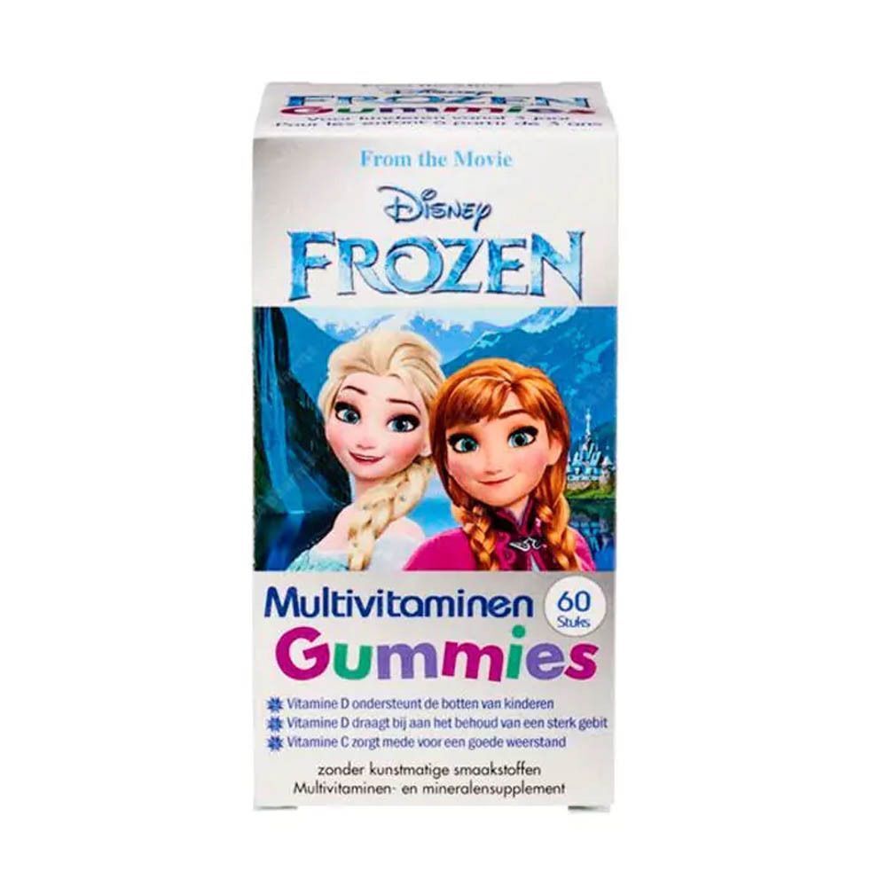 Une boîte de Disney Frozen Multivitamin Gummies. Illustrations d'Elsa et Anna. Texte en néerlandais.