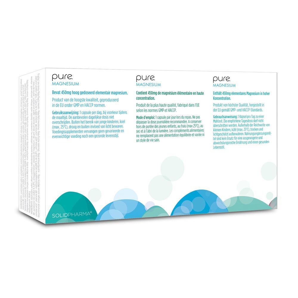 Dos d'un emballage Pure Magnesium. Texte en allemand, français et néerlandais. Contient des informations sur les ingrédients et l'utilisation.