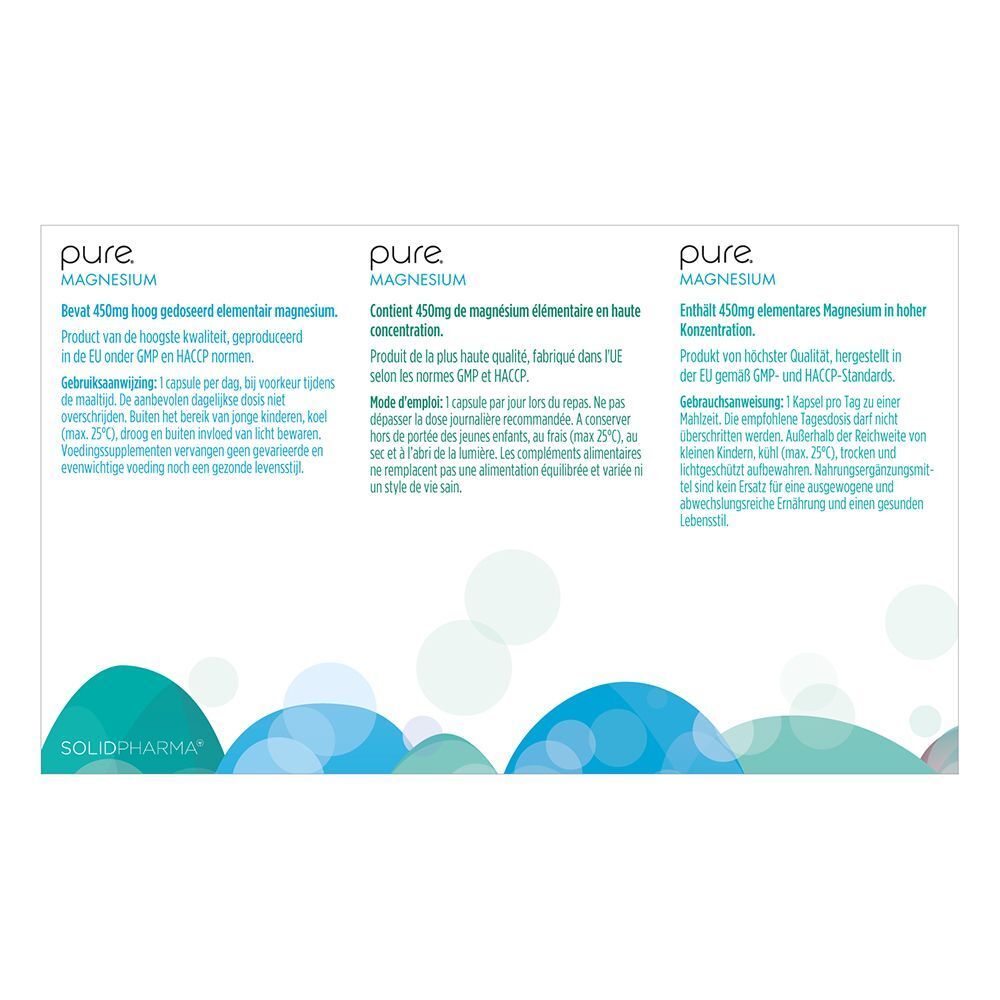 Dos de l'emballage Pure Magnesium. Texte en allemand, français et néerlandais. Informations sur les ingrédients et l'utilisation.