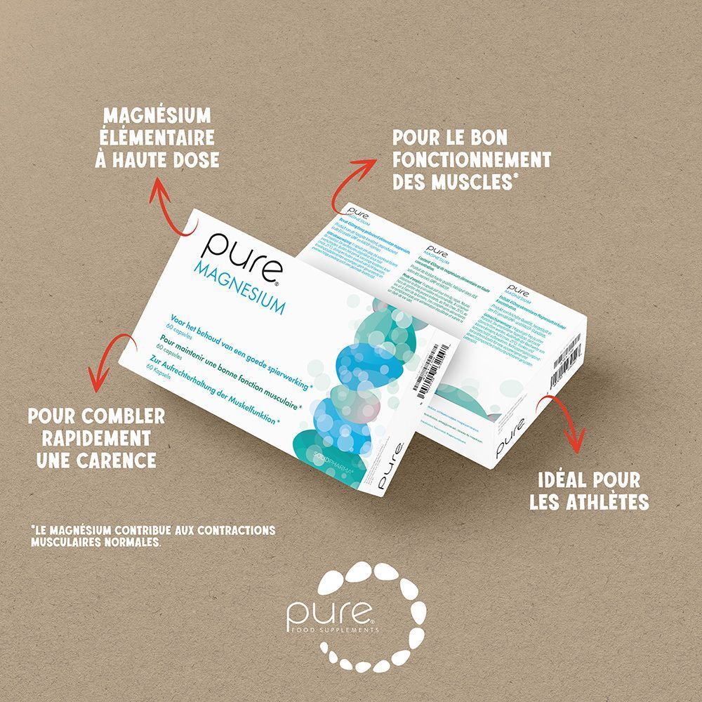 Deux emballages Pure Magnesium. Texte avec flèches indiquant des avantages tels que 'Magnésium à haute dose' et 'Pour les athlètes'.