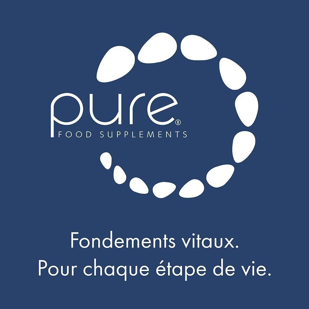 Fond bleu avec le logo Pure Food Supplements. Texte : 'Fondements vitaux. Pour chaque étape de vie'.