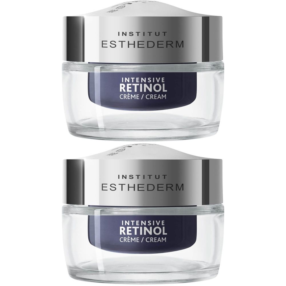 Deux pots transparents avec couvercles argentés. Inscription: INSTITUT ESTHEDERM, INTENSIVE RETINOL Crème/Cream.