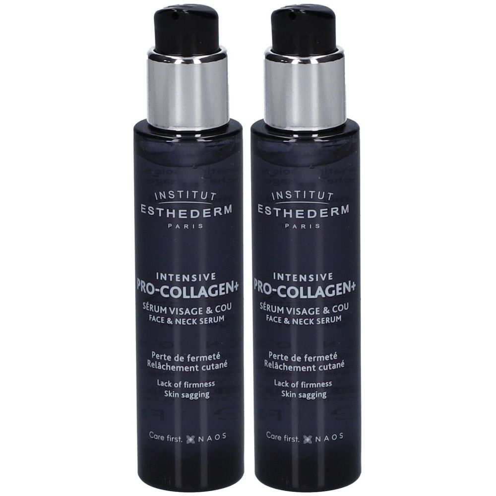 Deux flacons de sérum avec bouchons argentés. Inscription: INSTITUT ESTHEDERM, PRO-COLLAGEN+, Sérum Visage & Cou.