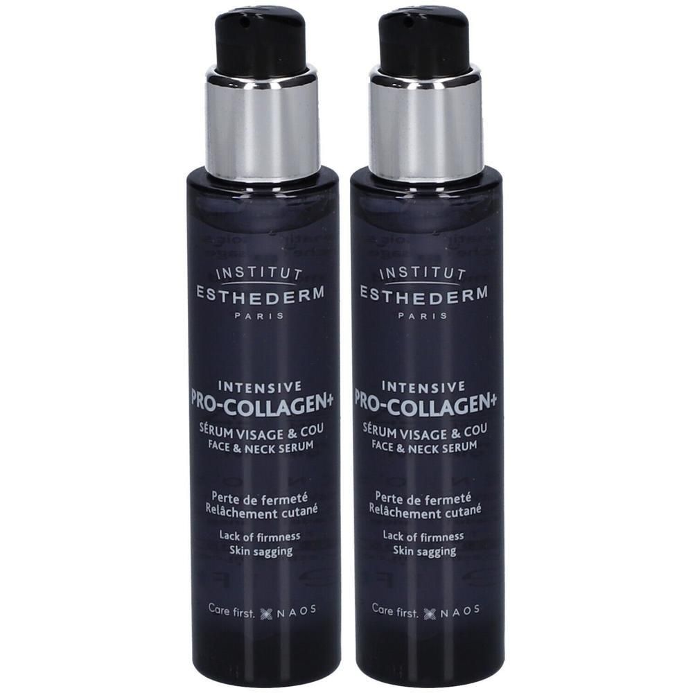 Deux flacons de sérum avec bouchons argentés. Inscription: INSTITUT ESTHEDERM, PRO-COLLAGEN+, Sérum Visage & Cou.