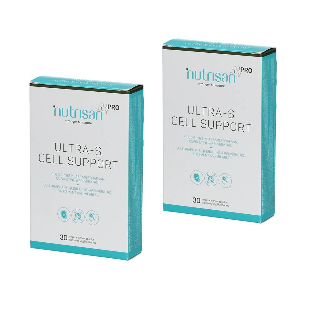Deux boîtes Nutrisan Pro Ultra-S Cell Support. Emballage blanc avec accent bleu. Texte: Ultra-S Cell Support, 30 capsules végétales.