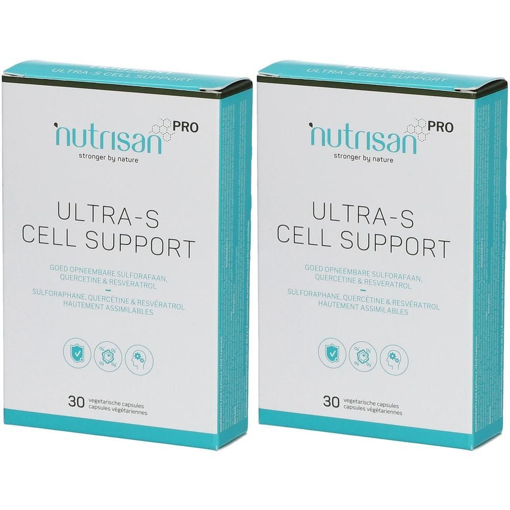 Deux boîtes Nutrisan Pro Ultra-S Cell Support. Emballage blanc avec accent bleu. Texte: Ultra-S Cell Support, 30 capsules végétales.
