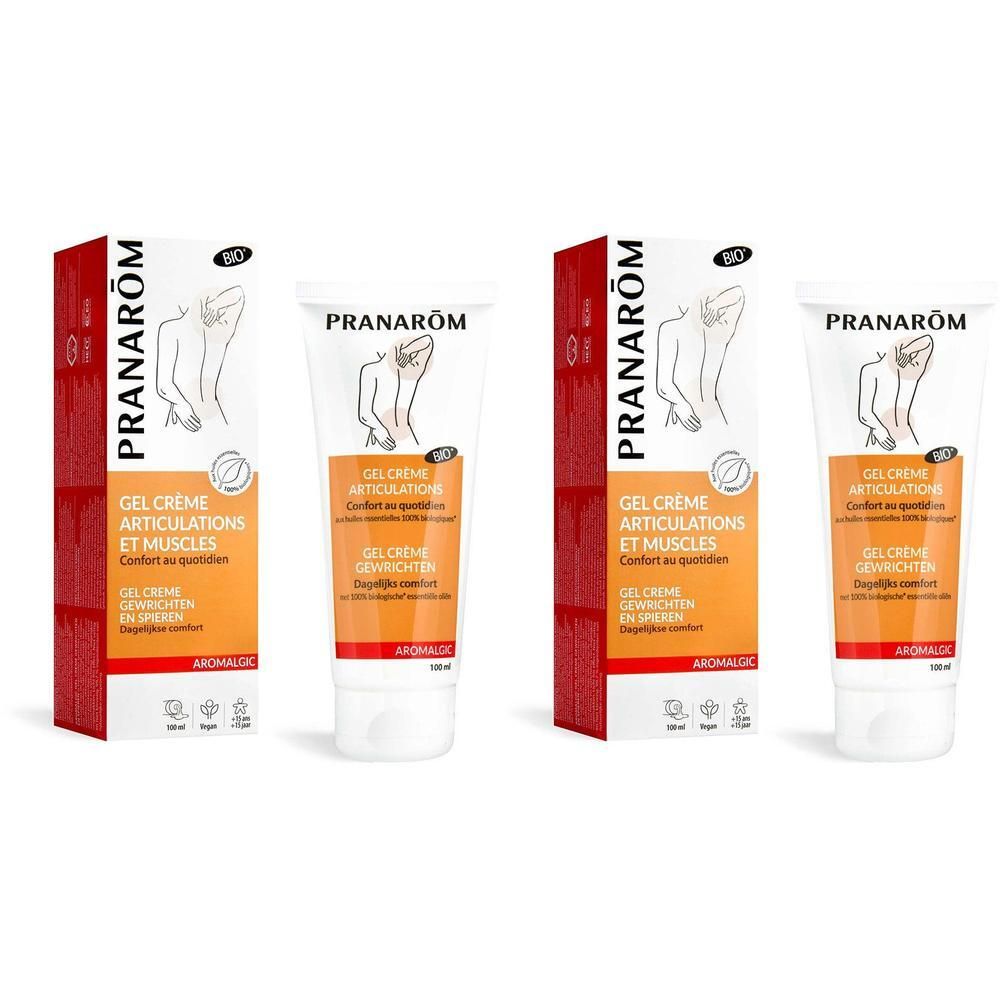 Quatre tubes et boîtes de PRANARÔM GEL CREME. Inscriptions: GEL CREME ARTICULATIONS ET MUSCLES, 100 ml.