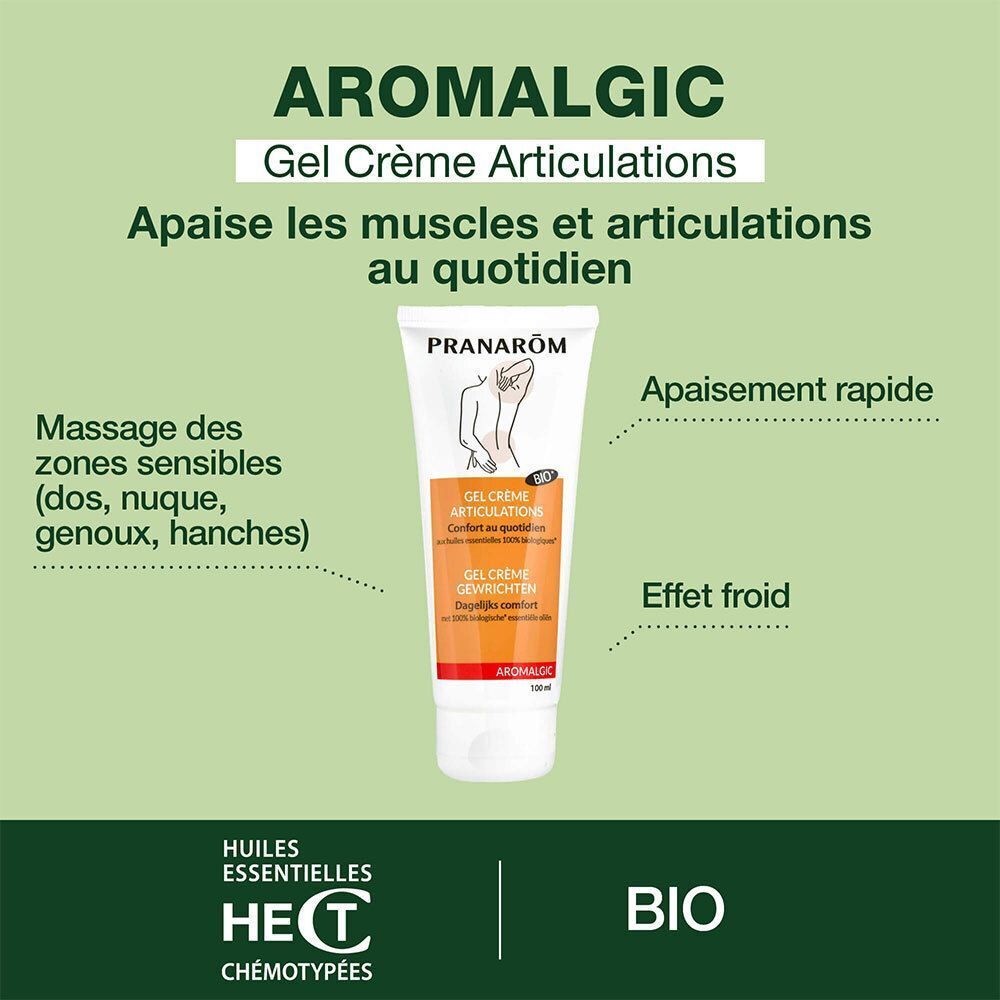 Publicité avec PRANARÔM GEL CREME. Texte: Apaise les muscles et articulations au quotidien. Certification BIO.