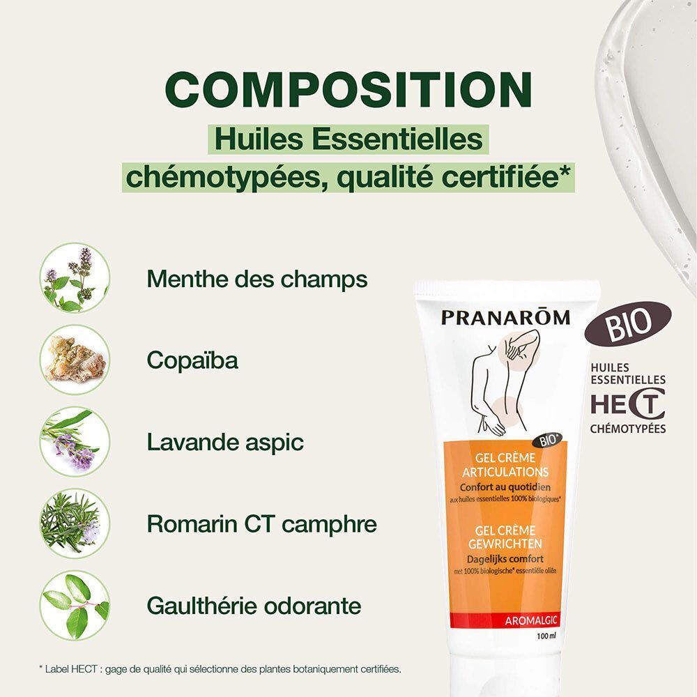 Composition de PRANARÔM GEL CREME. Huiles essentielles: Menthe, Copaïba, Lavande, Romarin, Gaulthérie.