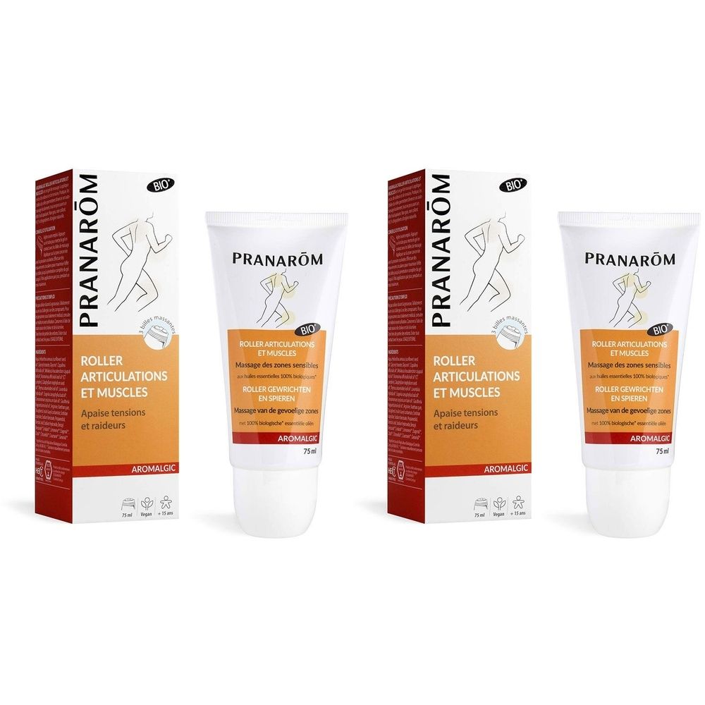 Deux tubes et deux boîtes. Inscription: Pranarôm, Roller Artikulationen et Muscles. Certification Bio.