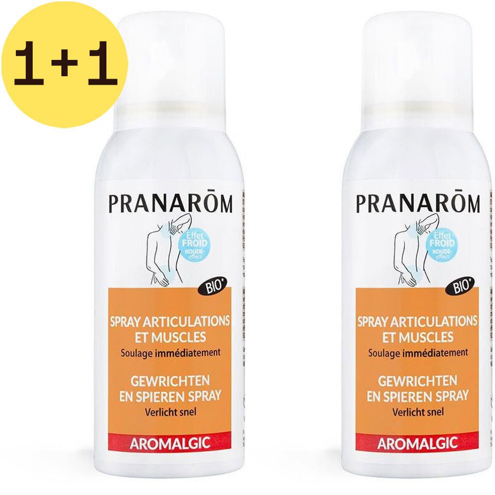 Deux flacons spray blancs. Inscription: Pranarôm, Aromalgic, Spray articulations et muscles. Certification Bio.