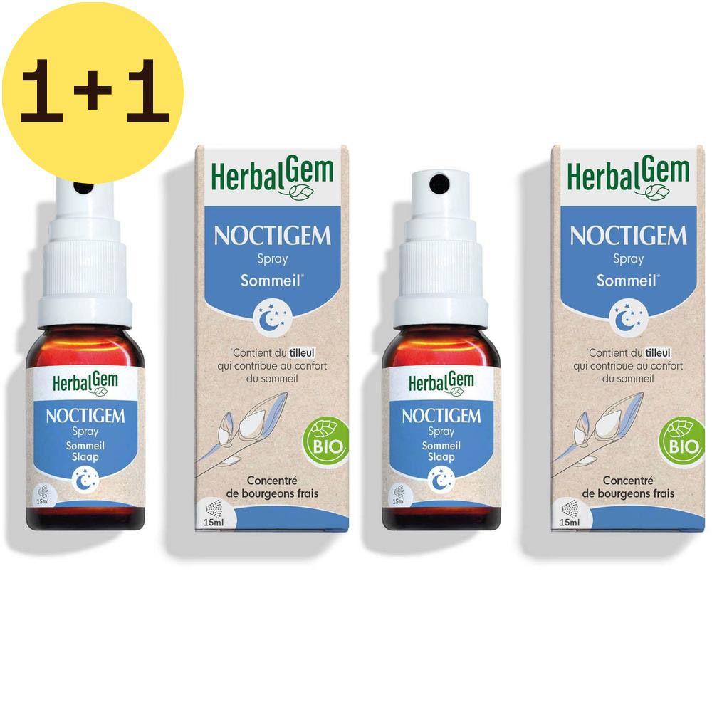 Trois flacons de spray HerbalGem NOCTIGEM avec emballage. Flacons bruns avec vaporisateur blanc.