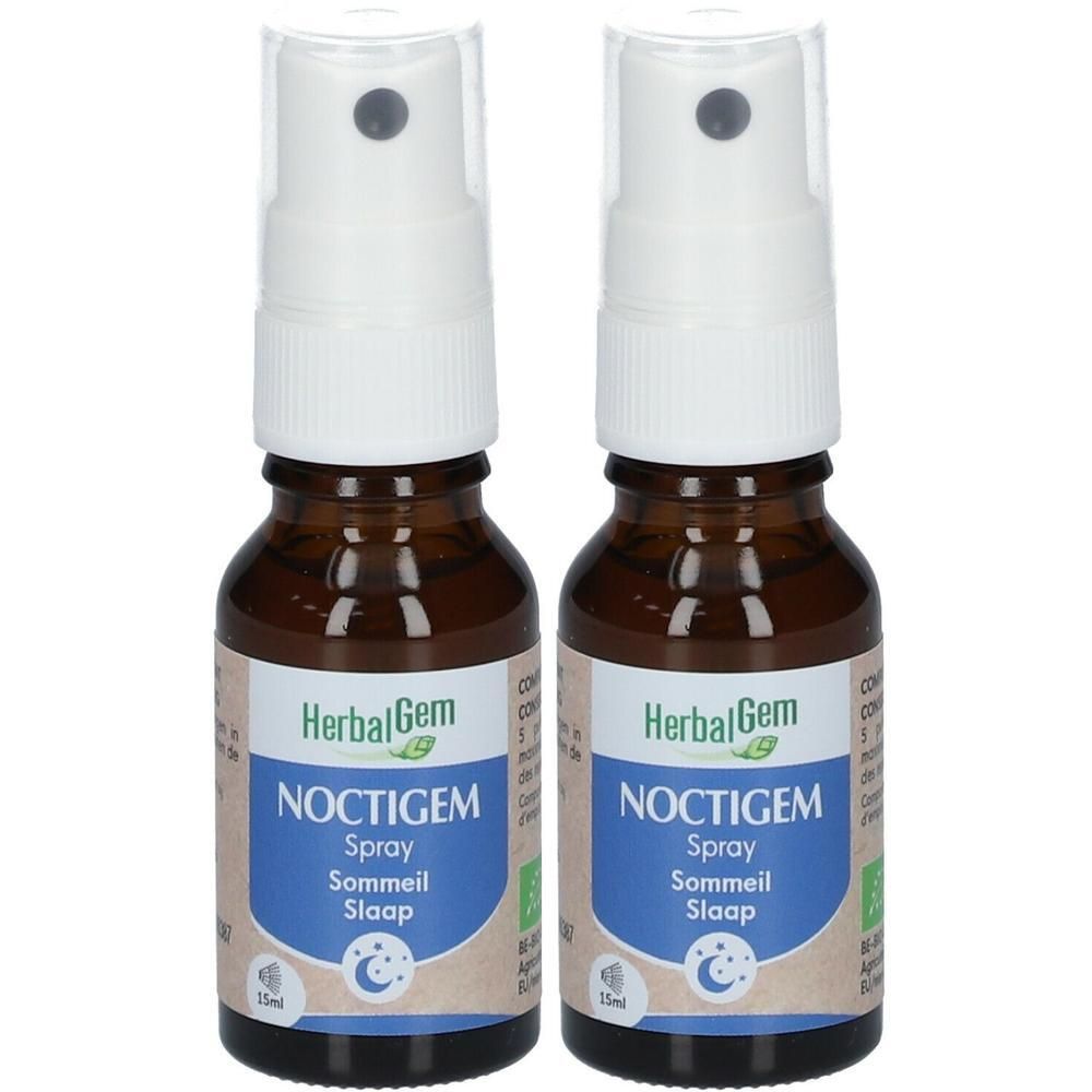 Deux flacons de spray HerbalGem NOCTIGEM. Flacons en verre brun avec vaporisateur blanc.