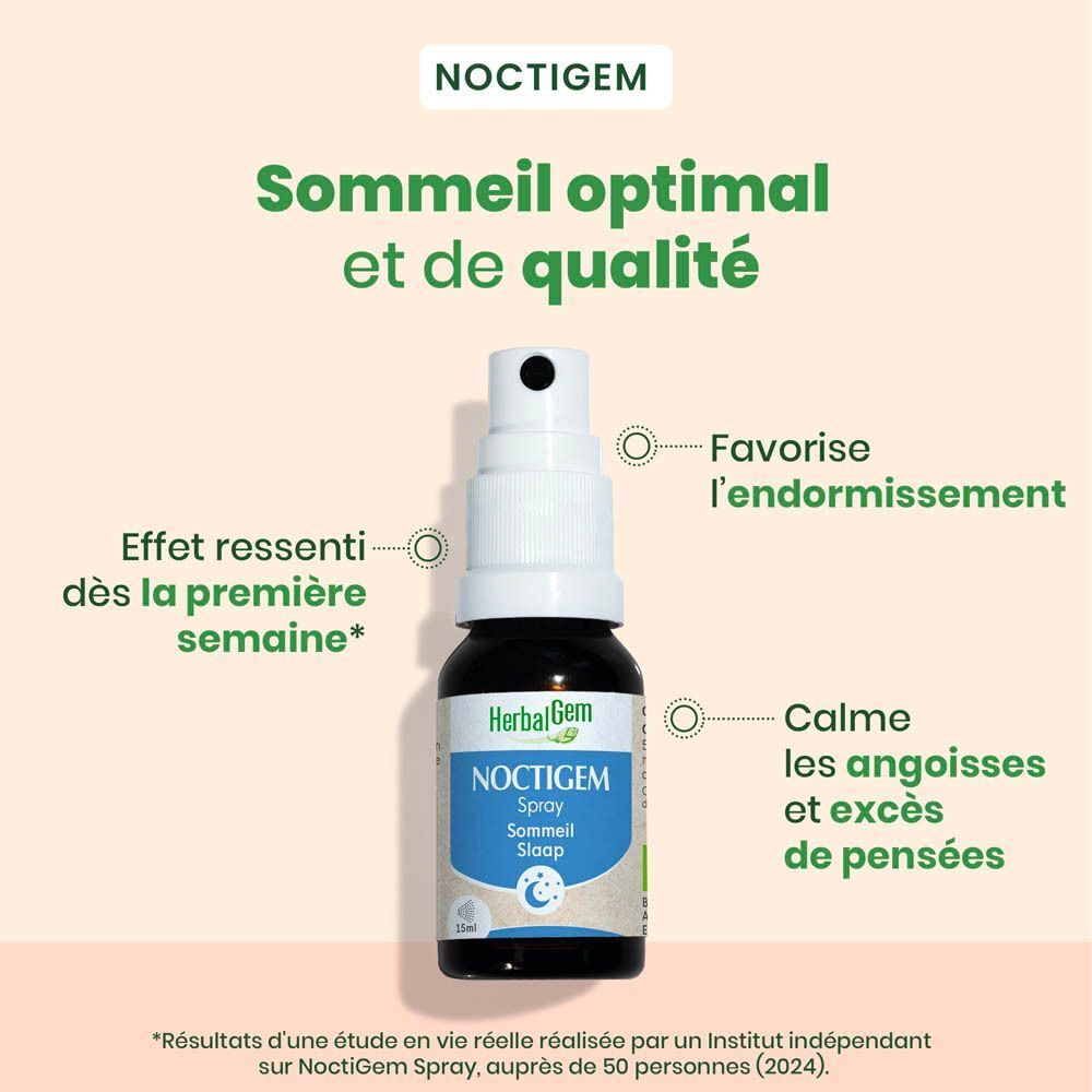 Trois flacons de spray HerbalGem NOCTIGEM avec emballage et un autocollant jaune.