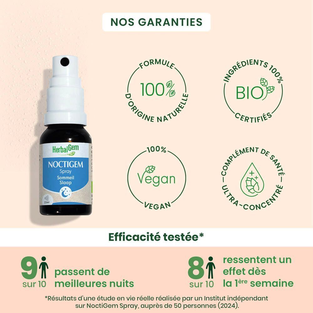 Un flacon de spray HerbalGem NOCTIGEM. Texte et graphiques sur fond vert.
