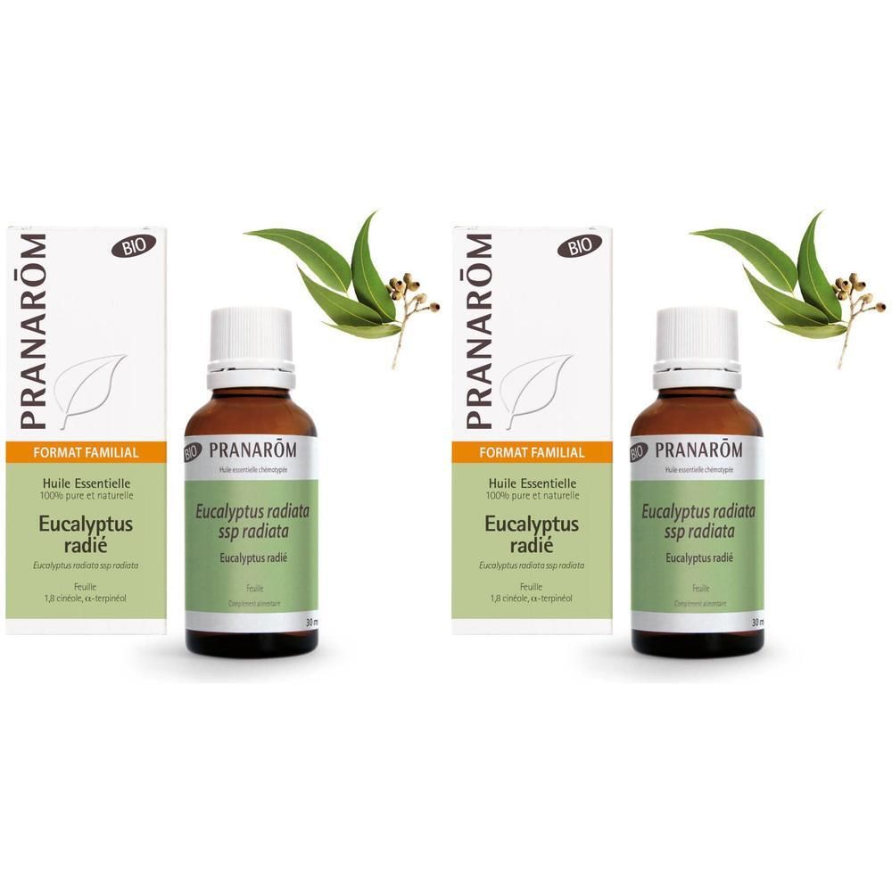 Deux flacons et emballages d'Eucalyptus radiata Pranarom. Certification BIO. Décor de feuilles.
