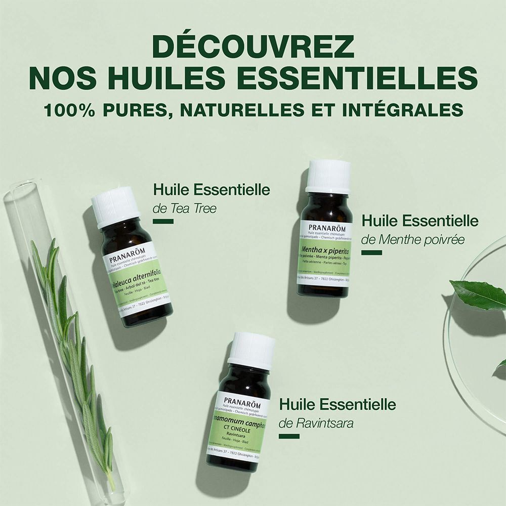 Trois petits flacons d'huiles essentielles. Marque Pranarom. Différentes variétés : Tea Tree, Menthe poivrée, Ravintsara.