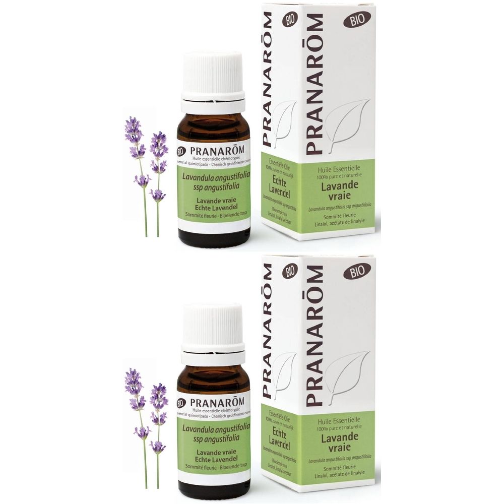 Deux flacons et deux boîtes d'huile essentielle Pranarôm Lavande vraie. Label BIO. Offre 1+1 gratuit.