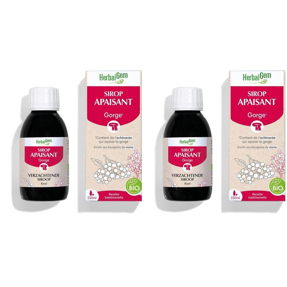 Quatre flacons et emballages. Inscription: HerbalGem, Sirop Apaisant Gorge, 25ml, Bio. Bouchons blancs, liquide noir, emballage blanc.