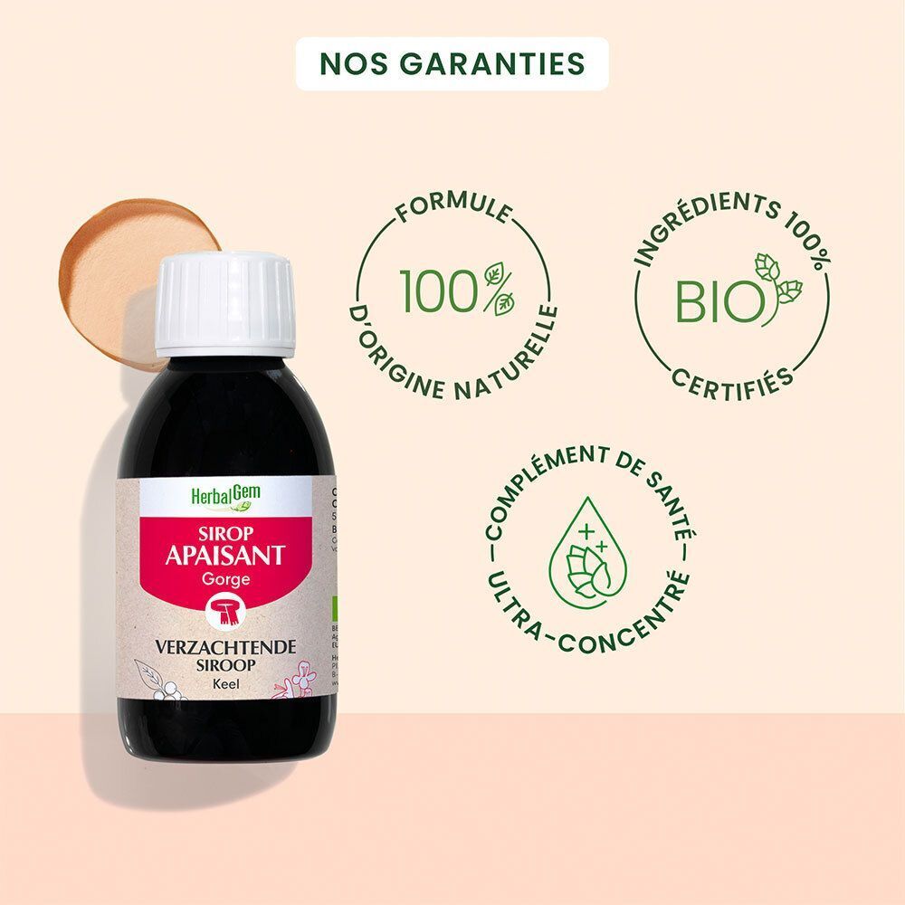 Une bouteille de liquide noir, bouchon blanc. Inscription: HerbalGem, Sirop Apaisant Gorge. Certification Bio. Fond: éléments verts et bruns.