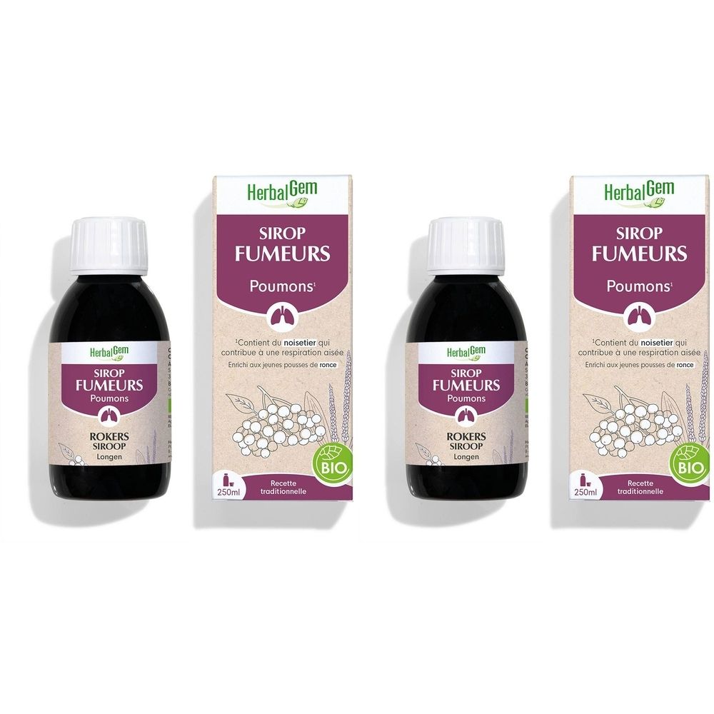 Trois flacons et emballages de Sirop Fumeurs HerbalGem. Flacons avec bouchon blanc, liquide foncé. Emballage avec logo et texte.