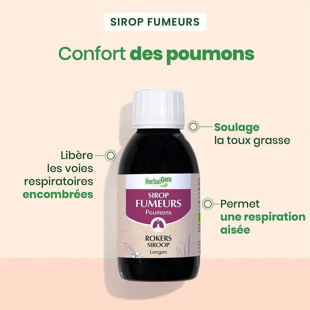 Flacon de Sirop Fumeurs HerbalGem. Inscriptions: Libère les voies respiratoires encombrées, Soulaage la toux grasse.