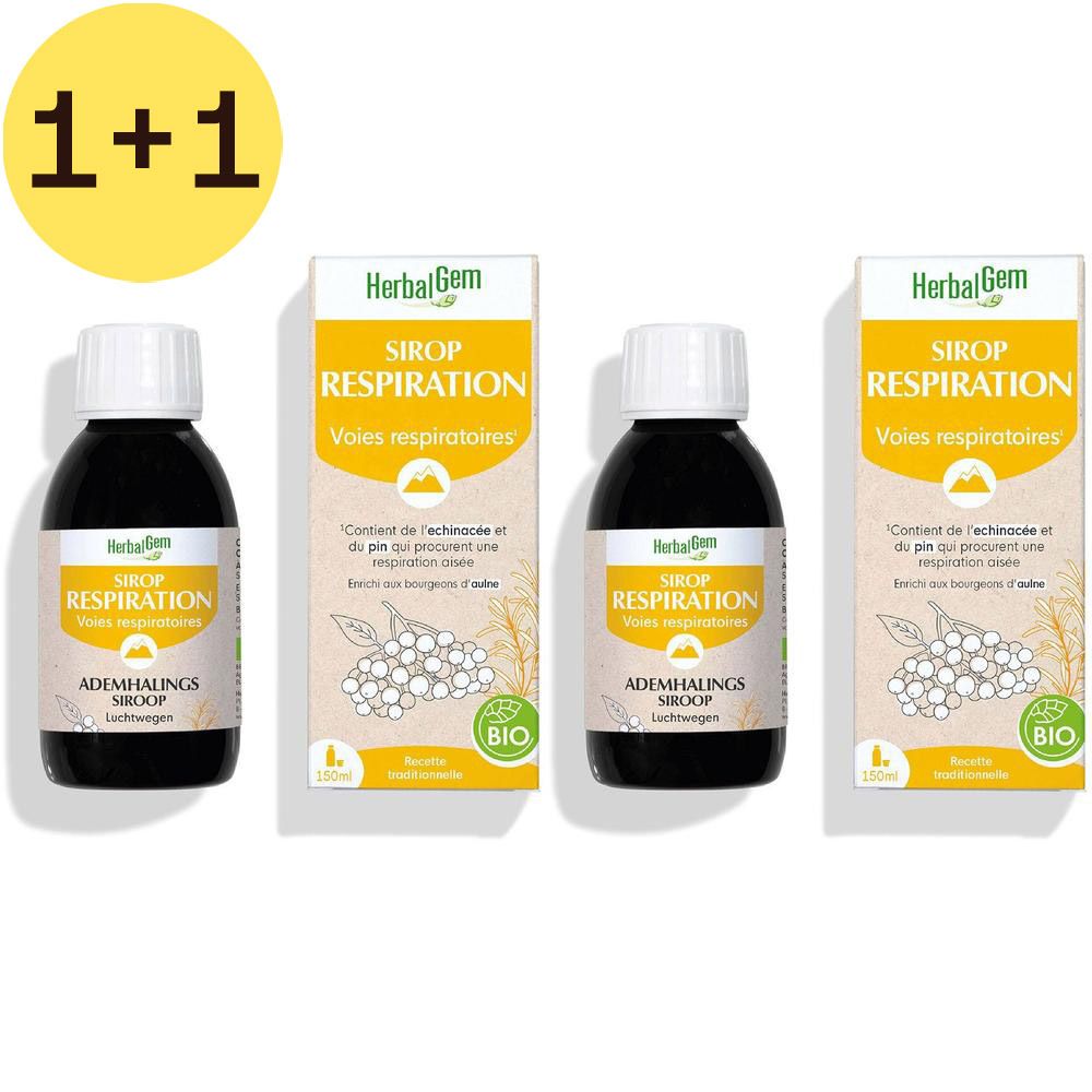 Trois flacons de sirop HerbalGem avec offre 1+1. Étiquettes jaunes avec nom du produit et label bio. Bouchons blancs.