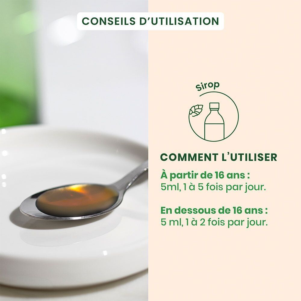 Conseils d'utilisation: 5ml de sirop pour adultes et adolescents. 5ml, 1 à 2 fois par jour pour les moins de 16 ans.