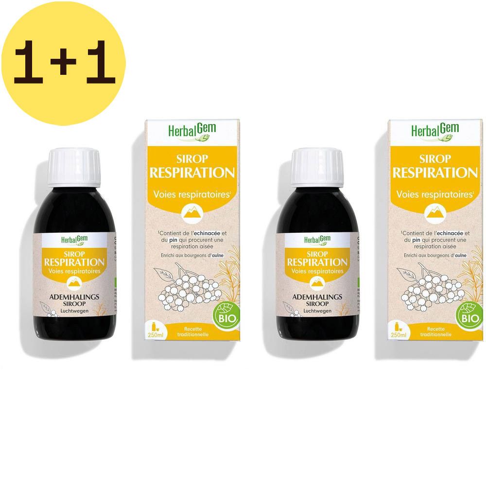 Quatre flacons HerbalGem Sirop, avec boîtes, 'Respiration'. Offre 1+1.