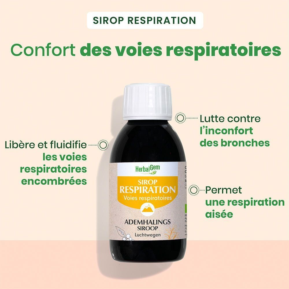 Flacon HerbalGem Sirop Respiration, texte et illustrations. Certification Bio.