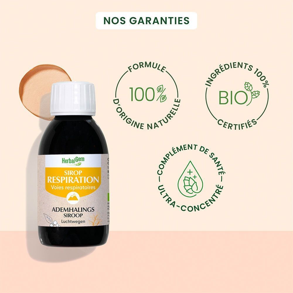 Flacon HerbalGem Sirop Respiration, avec logos et texte. Certification Bio.