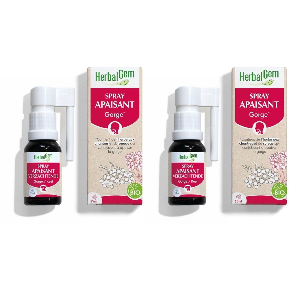 Deux flacons avec vaporisateur blanc et étuis. Inscription: Spray Apaisant Gorge. Certification Bio.