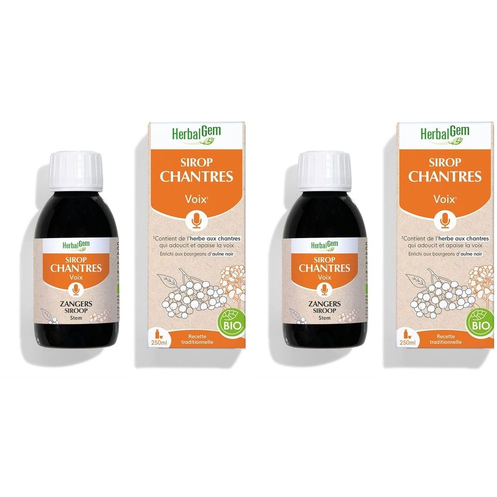 Trois flacons avec bouchon blanc et boîtes. Inscription: HerbalGem, Sirop Chantres, Voix, Zangers Siroop.