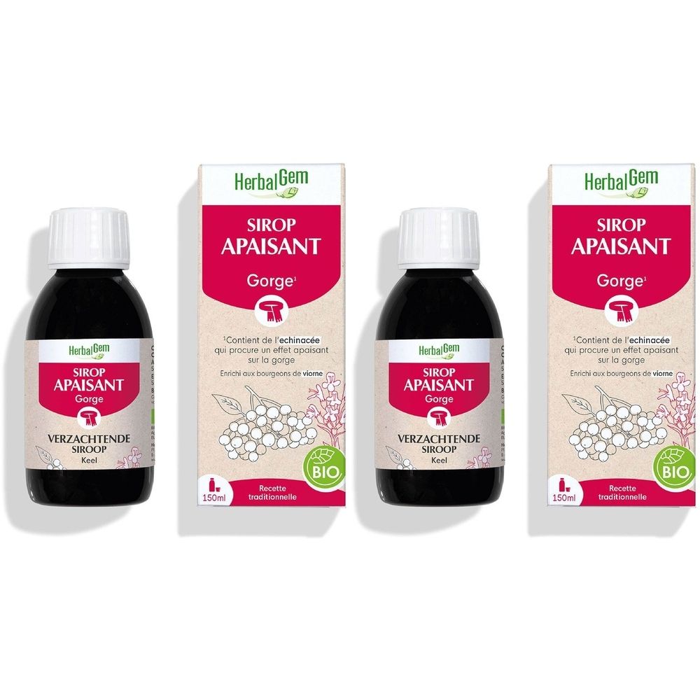 Trois flacons et emballages. Inscription: HerbalGem Sirop Apaisant. Certification bio. Contenu: 100ml.