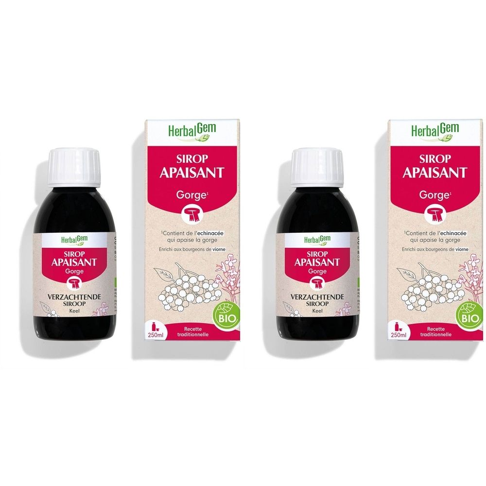 Quatre flacons et emballages. Inscription: HerbalGem Sirop Apaisant. Certification bio.