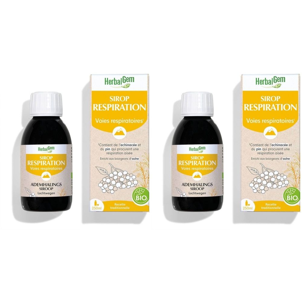 Trois flacons de sirop HerbalGem avec emballage. Texte sur étiquettes et emballage. Certification bio.