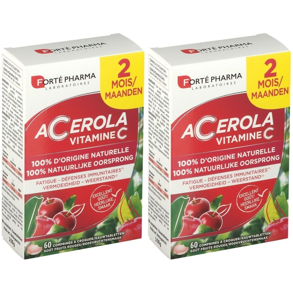 Deux boîtes de "Forté Pharma Acérola Vitamine C". Étiquette jaune 1+1. Emballage rouge et blanc avec informations produit.