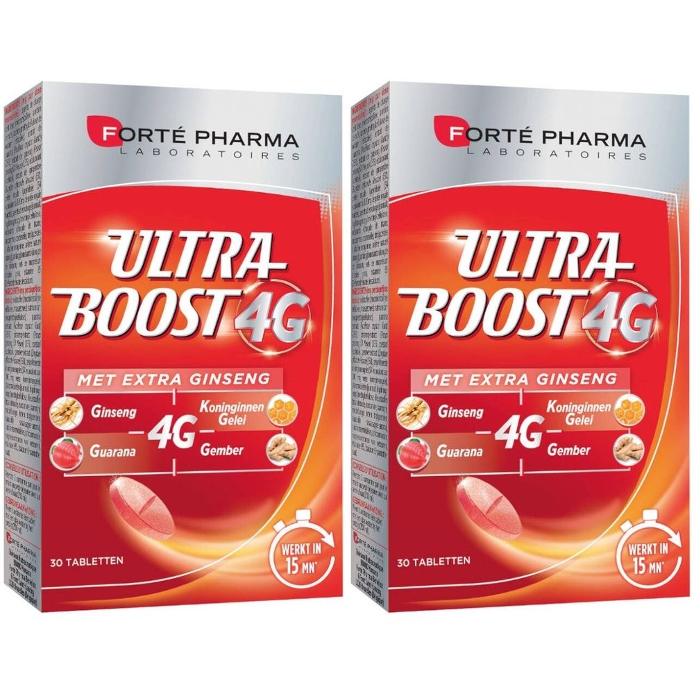 Deux boîtes de Forté Pharma Ultra Boost 4G. Inscription: Ultra Boost 4G, avec ginseng, 30 comprimés. Cercle jaune avec "1+1".