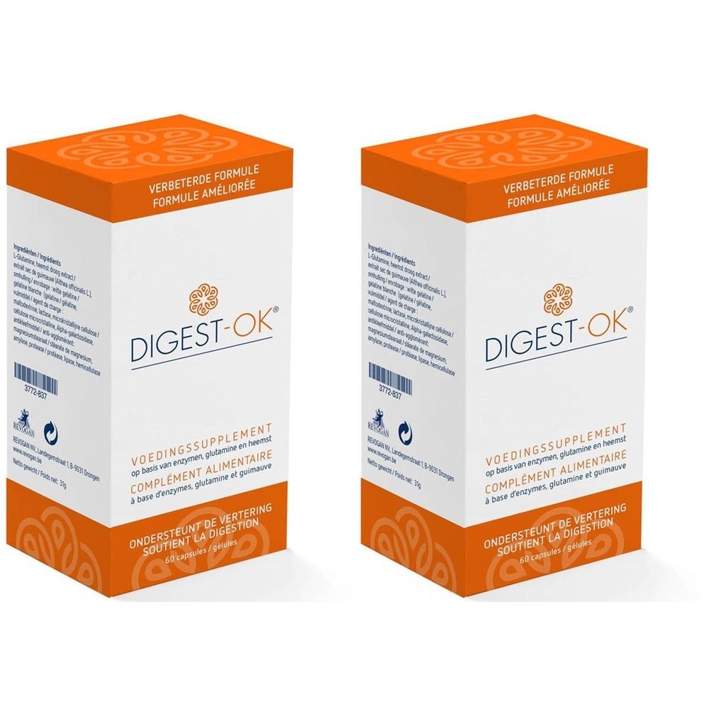 Deux boîtes blanches avec des accents orange. Inscription : DIGEST-OK. Cercle jaune avec "1+1".