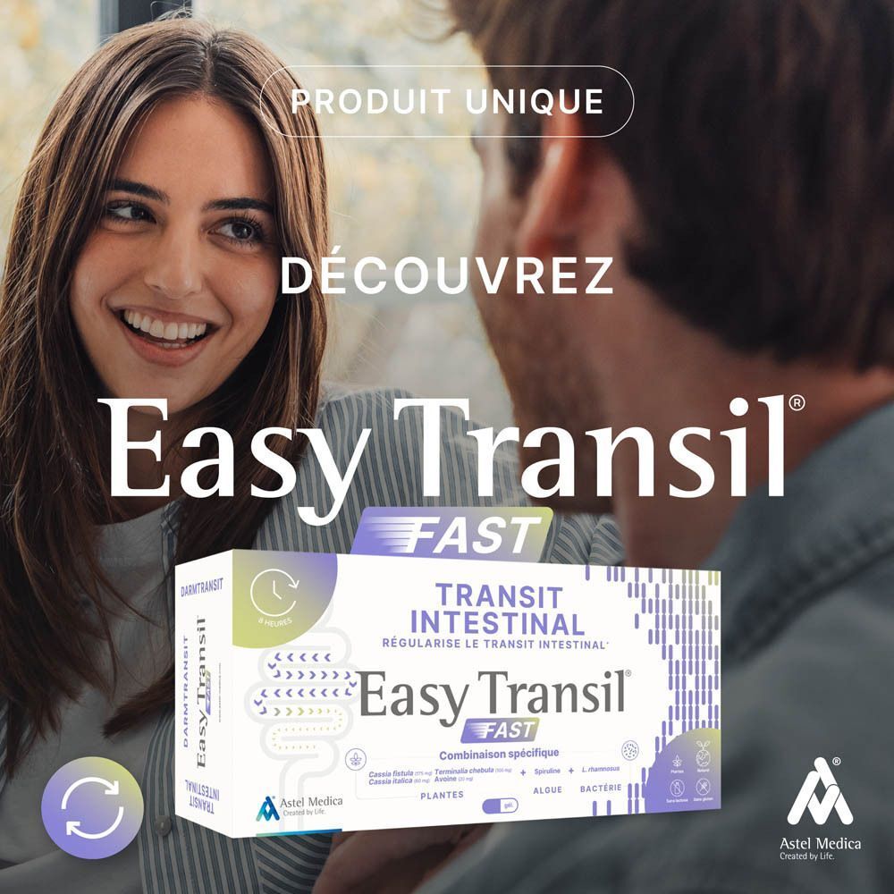 Boîte d'Astel Medica Easy Transil Fast avec informations sur le transit intestinal et illustrations de plantes.