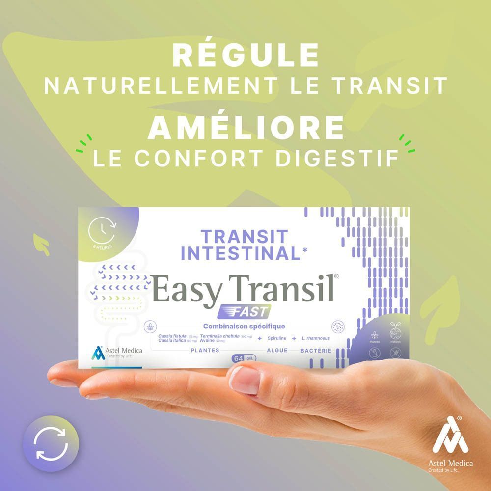 Boîte d'Astel Medica Easy Transil Fast sur un socle en bois, avec indications sur la solution naturelle.