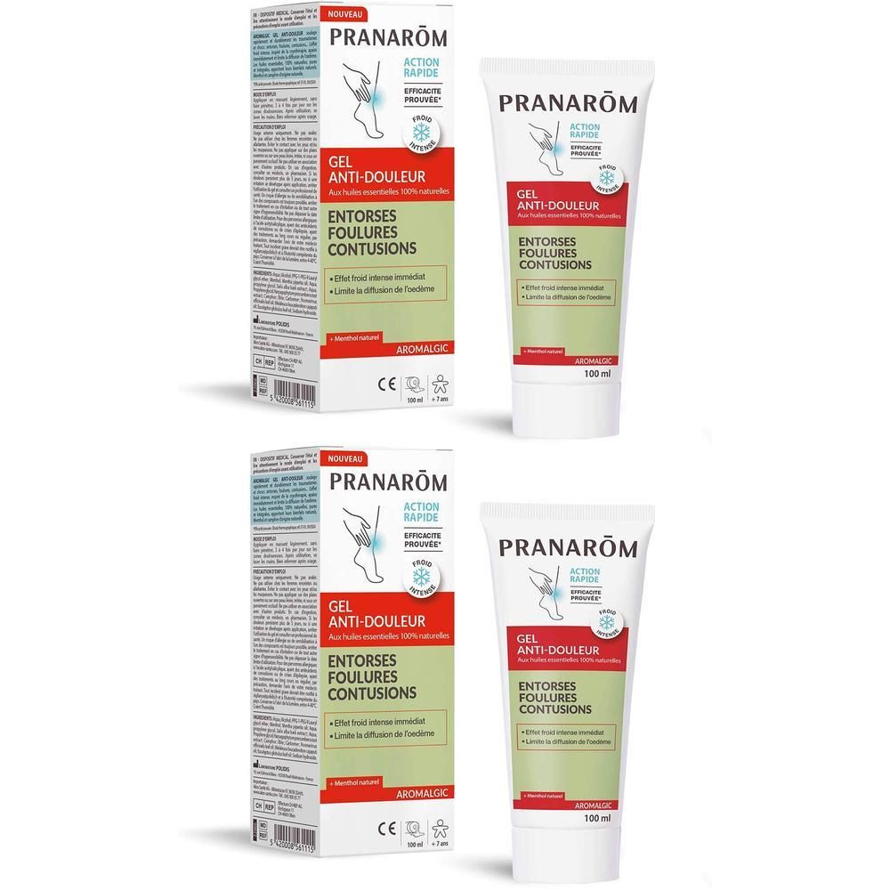 Deux tubes et boîtes de Pranarôm Aromalgic Gel Anti-douleur. Inscription: Gel Anti-douleur, Entorses, Foulures, Contusions.