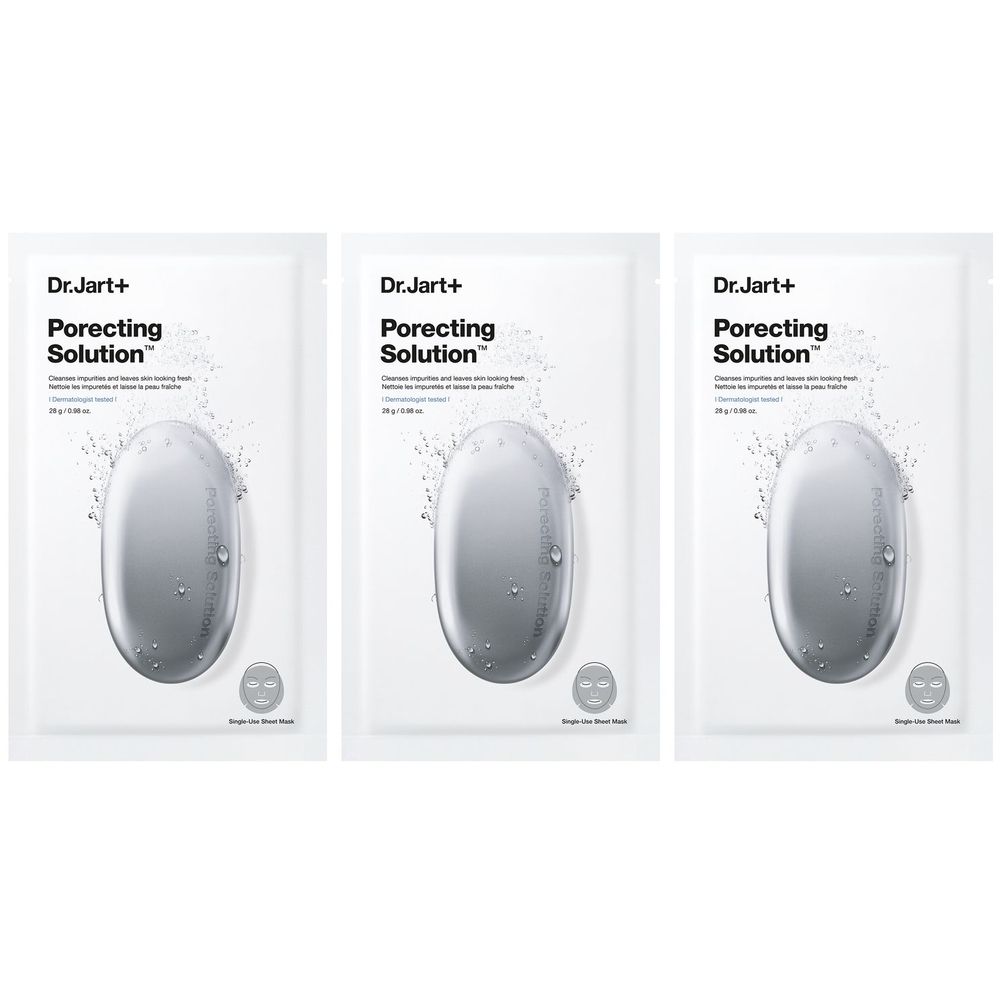 Trois sachets blancs Dr.Jart+ Porecting Solution. Chaque sachet présente un design ovale et le nom du produit.