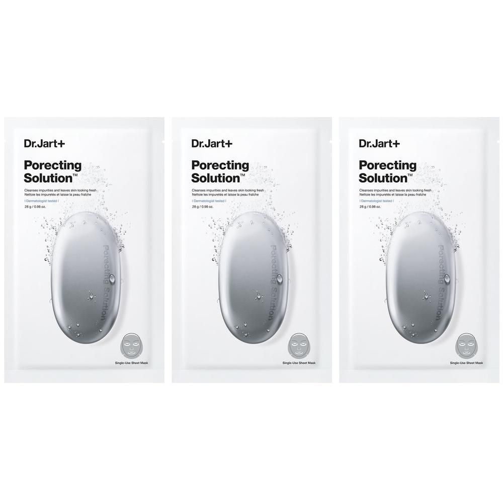 Trois sachets blancs Dr.Jart+ Porecting Solution. Chaque sachet présente un design ovale et le nom du produit.