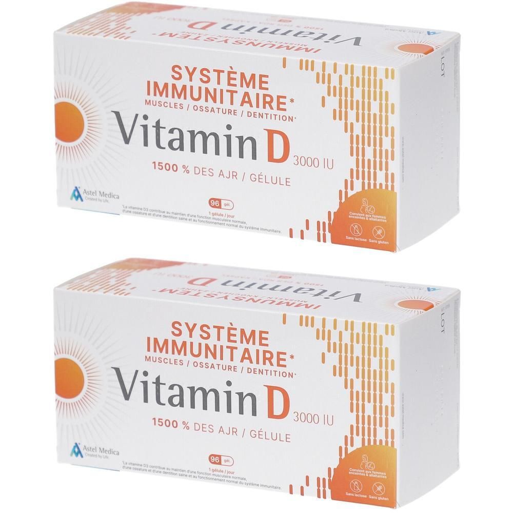 Deux boîtes de Vitamine D Astel Medica. Inscription: Vitamine D 3000 UI, 1500% des AJR. Contient 90 gélules. Logo soleil orange.