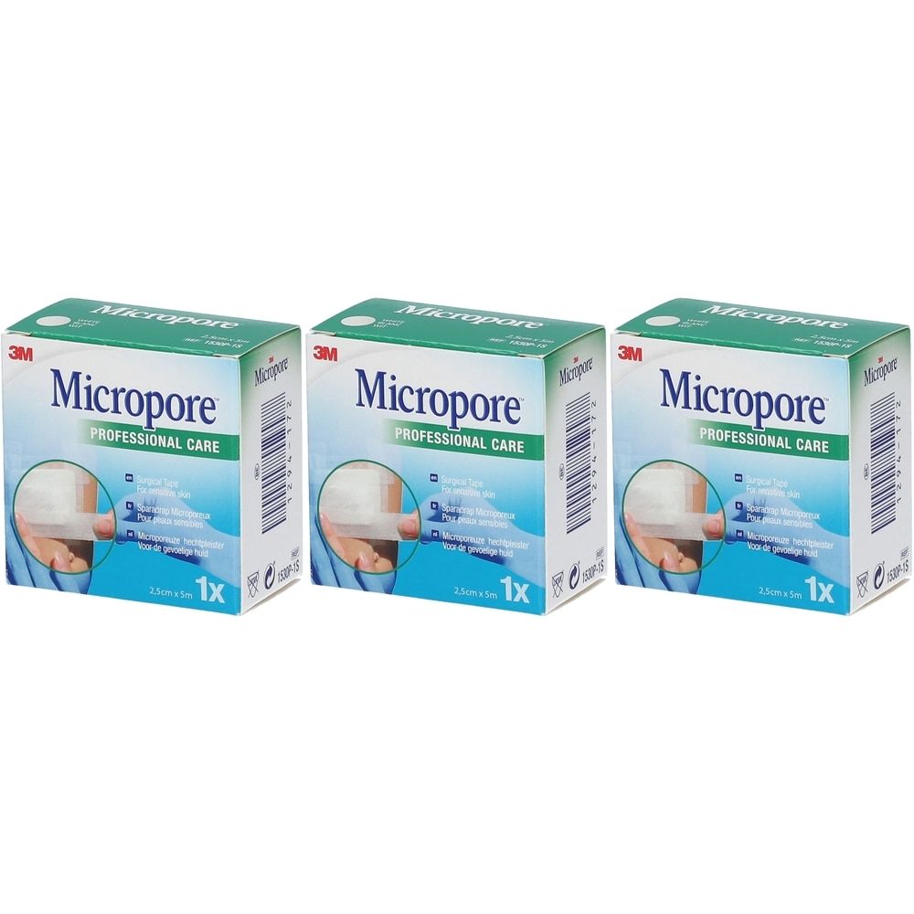 Trois boîtes 3M Micropore, vert et blanc. Inscription: Micropore, PROFESSIONAL CARE. 1x. Illustration: application.