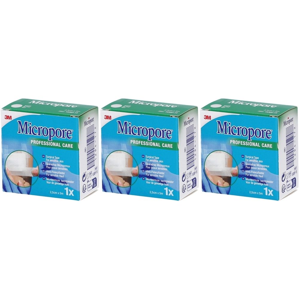 Trois boîtes 3M Micropore, vert et blanc. Inscription: Micropore, PROFESSIONAL CARE. 1x. Illustration: application.