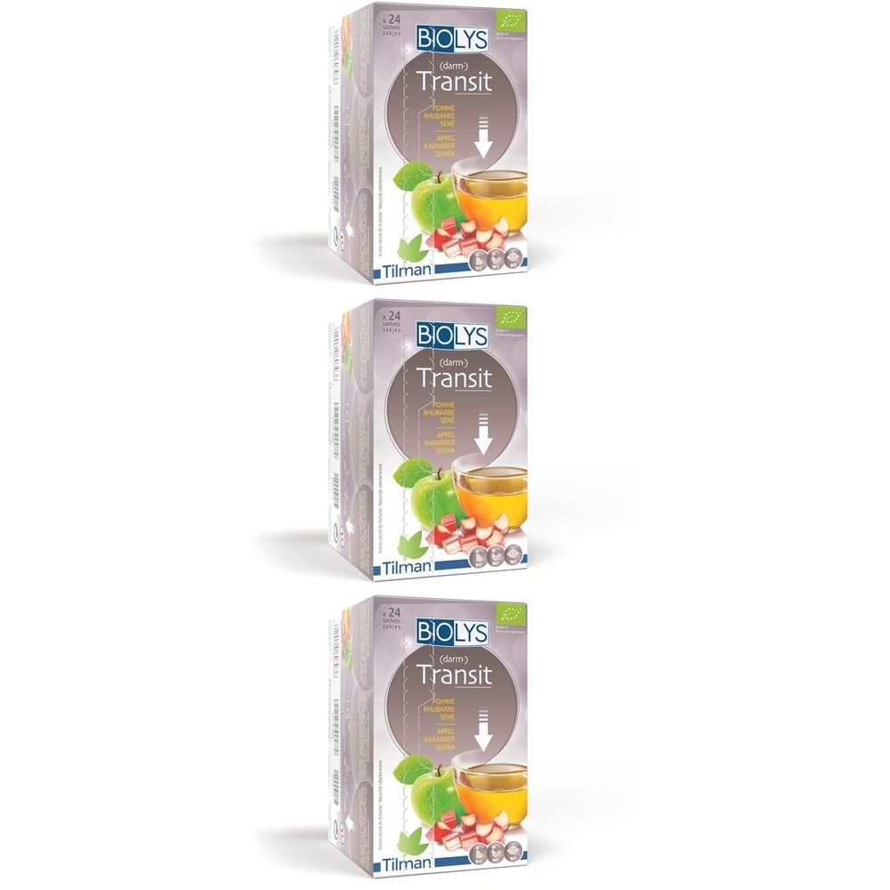 Trois boîtes Biolys Transit. Visuel: pomme, rhubarbe, séné. Label bio. Marque: Tilman.