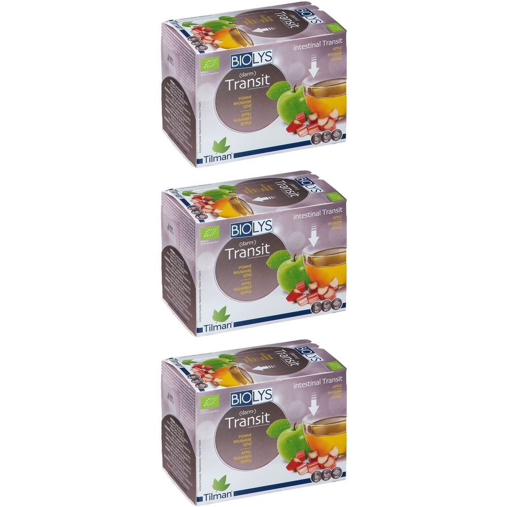 Trois boîtes Biolys Transit. Visuel: pomme, rhubarbe, séné. Label bio. Marque: Tilman.